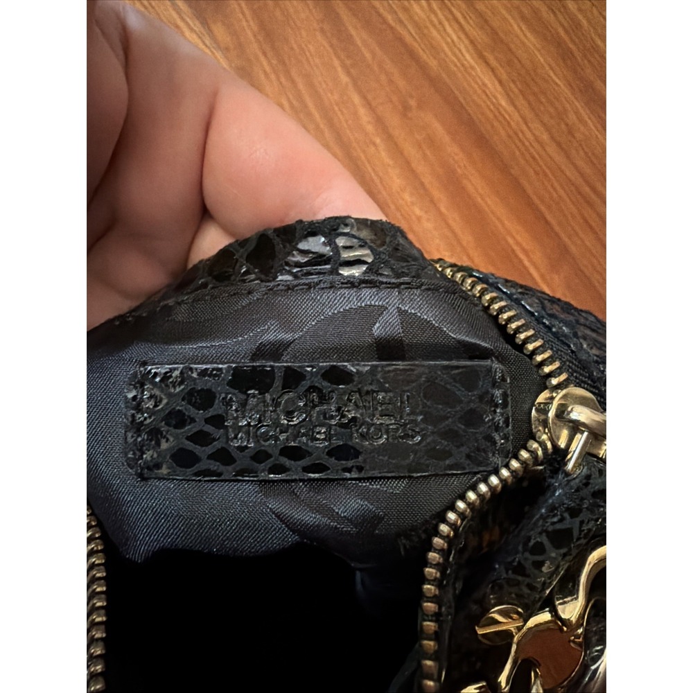 Michael Kors Black Python Embossed Leather Tote Bag Gold Chain Strap Clutch - Picture 7 of 7
